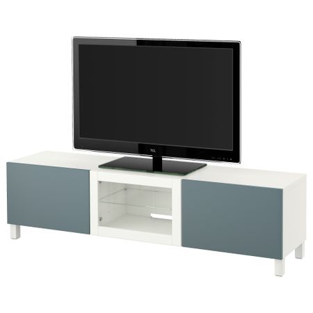 Тумба под ТВ с ящиками и дверцей БЕСТО, белый, Вальвикен серо-бирюзовый, прозрачное стекло (180x40x48 см)