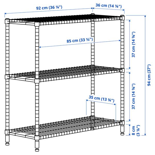 Стеллаж, серо-зеленый, 92x36x94 см IKEA OMAR ОМАР 504.830.72 - схема-чертеж с размерами