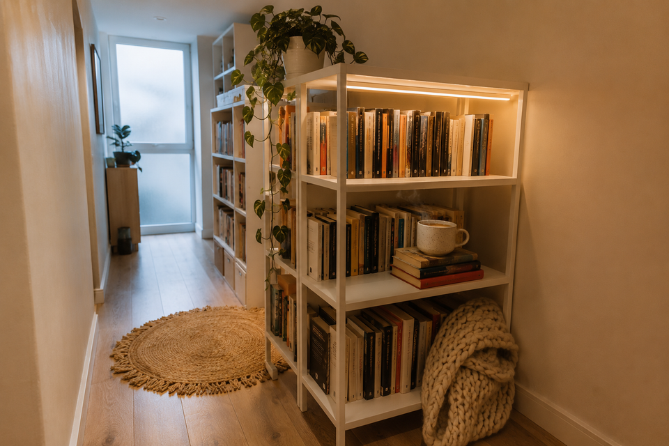 Готовая библиотека из PLATSA в коридоре: белый стеллаж с книгами и тёплой LED-подсветкой MITTLED