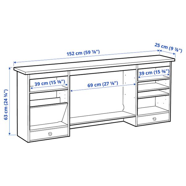 Дополнительный модуль для стола, белая морилка 152x63 см IKEA HEMNES ХЕМНЭС 203.847.90 - схема-чертеж с размерами
