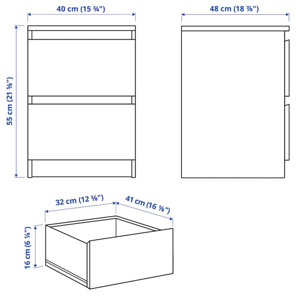 Комод с 2 ящиками, белый 40x55 см IKEA MALM МАЛЬМ 003.685.31 - схема-чертеж с размерами