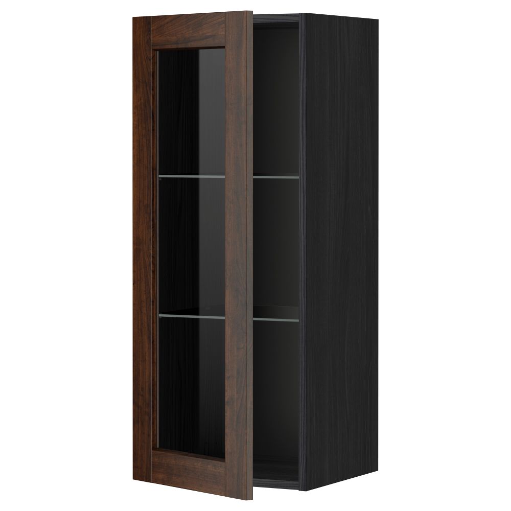 Навесной шкаф с полками, стекляными дверцы МЕТОД, черный, Эдсерум коричневый - схема-чертеж с размерами