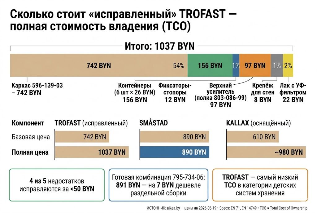 Стоимость владения TROFAST: каркас, контейнеры, фиксаторы и усилитель — итого 1037 BYN