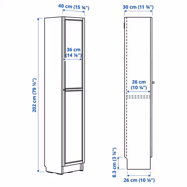 BILLY / OXBERG Стеллаж с дверьми - чёрный под дуб 40x30x202 см - схема-чертеж с размерами