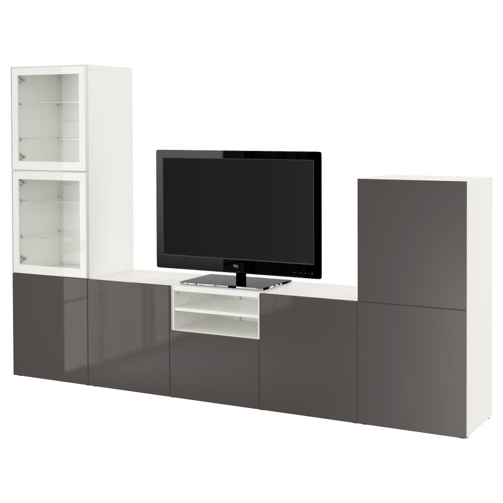 Шкаф для ТВ, комбинированный, стекляные дверцы БЕСТО, белый, Сельсвикен глянцевый/серый прозрачное стекло (300x40x192 см) - фото 1