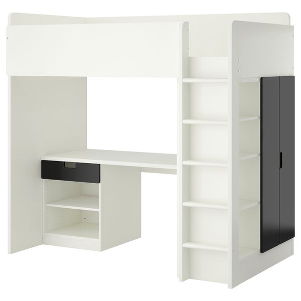 Кровать-чердак, 1 ящик, 2 дверцы СТУВА, белый, черный (207x99x193 см) - фото 1