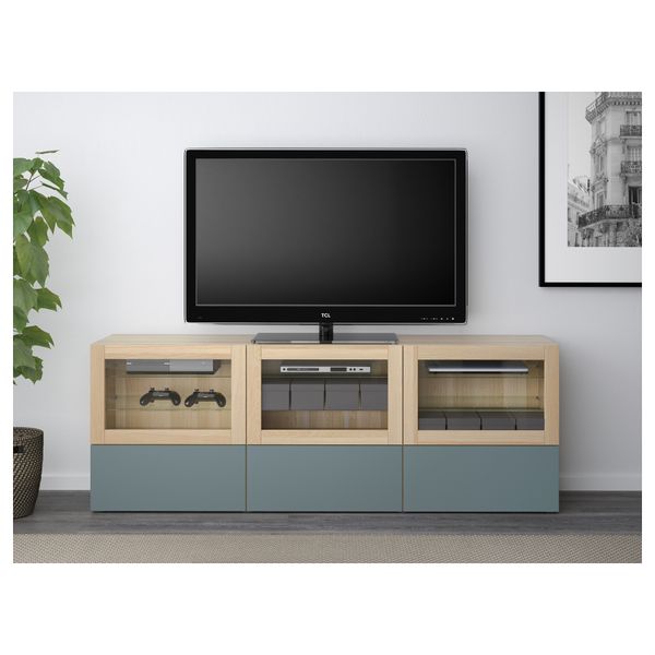 Тумба под ТВ, с дверцами и ящиками БЕСТО, под беленый дуб, Вальвикен серо-бирюзовый, прозрачное стекло (180x40x64 см) - схема-чертеж с размерами