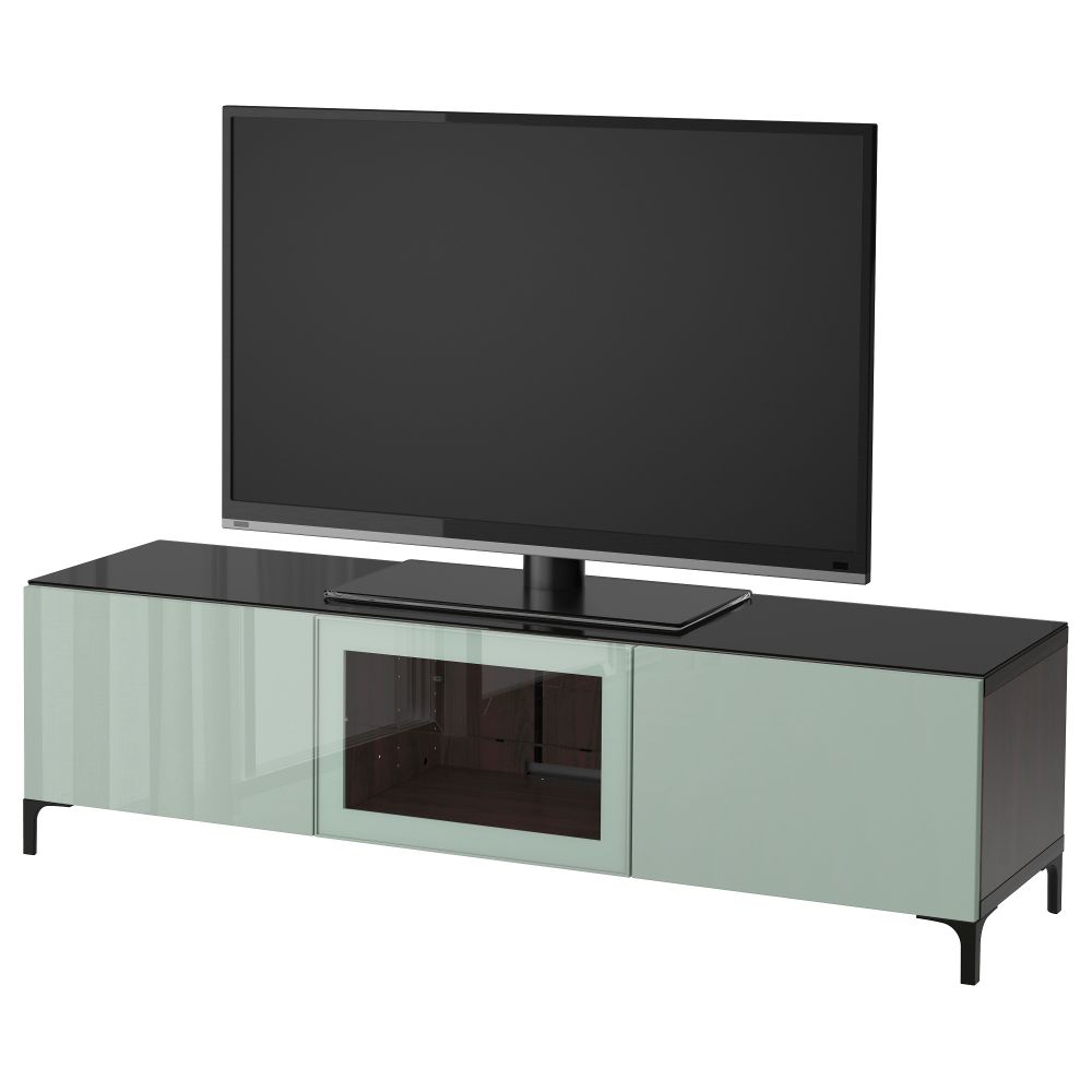 Тумба под ТВ, с дверцами БЕСТО, черно-коричневый Сельсвикен, глянцевый/серо-зеленый светлый прозрачное стекло - фото 1