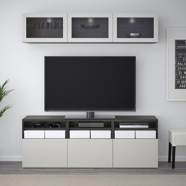 Шкаф для ТВ, комбинированный, стекляные дверцы, черно-коричневый Синдвик, Лаппвикен светло-серый прозрачное стекло 180x40x192 см - фото 2