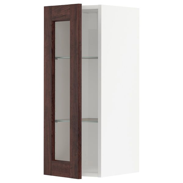 Навесной шкаф/полки/стеклян дверца, белый/Эдсерум коричневый 30x80 см IKEA METOD МЕТОД 994.460.02 - фото 1