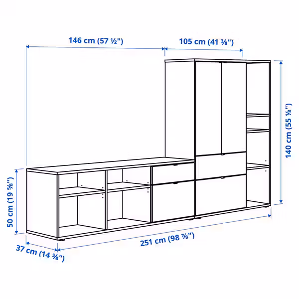 VIHALS Комбинация для хранения/под ТВ - белый 251x37x140 см - схема-чертеж с размерами