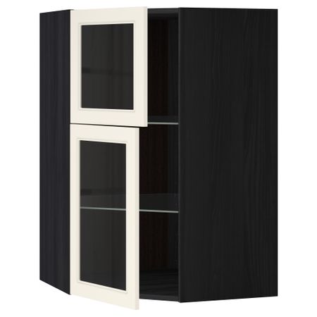 Угловой навесной шкаф + полки, 2 стеклянные дверцы МЕТОД, черный, Хитарп белый с оттенком (68x100 см)