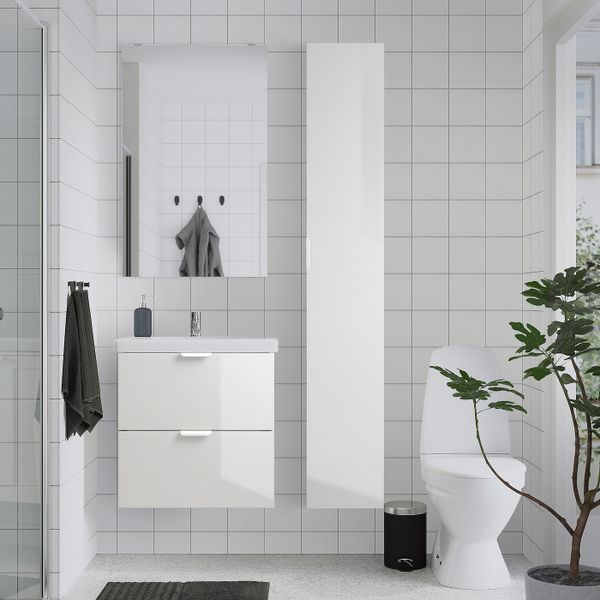 Комплект мебели для ванной,8 предм., глянцевый белый/ПИЛКОН смеситель 64x43x65 см IKEA FISKÅN ФИСКОН / TVÄLLEN ТВЭЛЛЕН - схема-чертеж с размерами