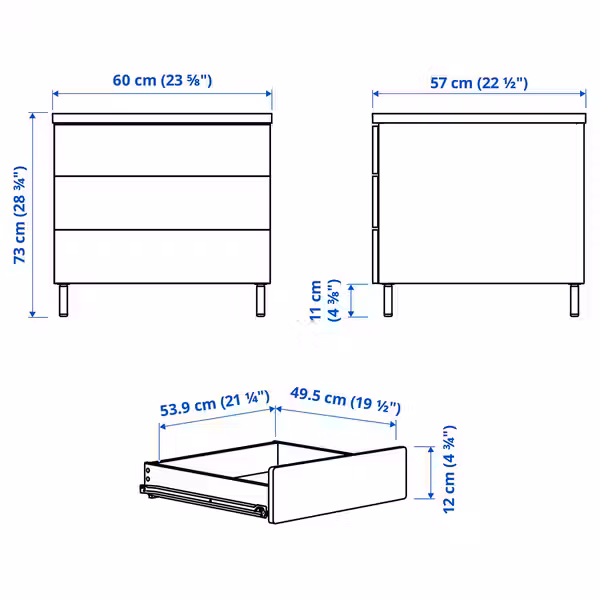 PLATSA Комод с 3 ящиками - схема-чертеж с размерами