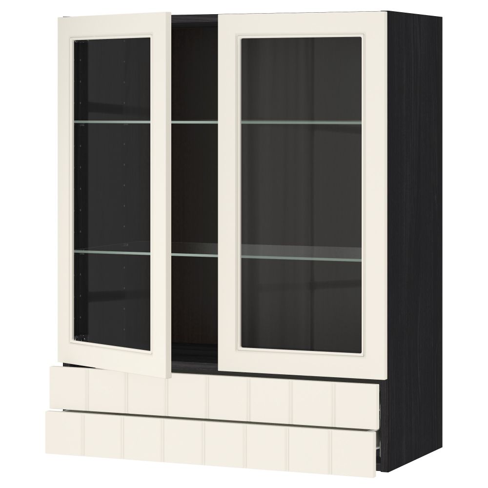 Навесной шкаф, 2 стеклянные дверцы, 2 ящика МЕТОД / ФОРВАРА, черный, Хитарп белый с оттенком - схема-чертеж с размерами