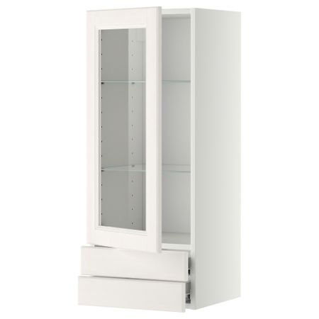 Навесной шкаф, стеклянная дверца, 2 ящика МЕТОД / ФОРВАРА, белый, Лаксарби белый