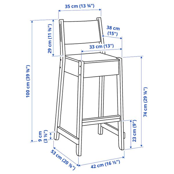 Стул барный, береза 74 см IKEA NORRÅKER НОРРОКЕР 404.290.09 - схема-чертеж с размерами