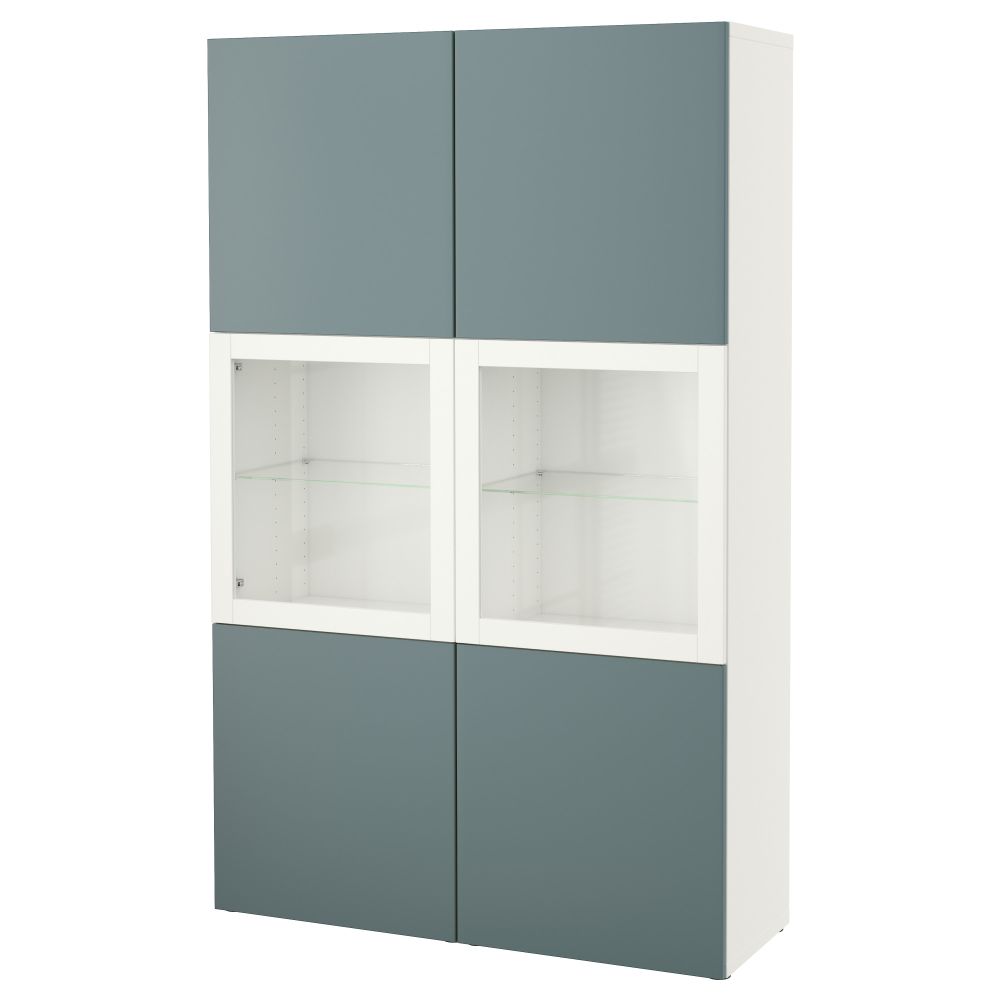 Комбинация для хранения со стеклянными дверцами БЕСТО, белый, Вальвикен серо-бирюзовый, прозрачное стекло - фото 1