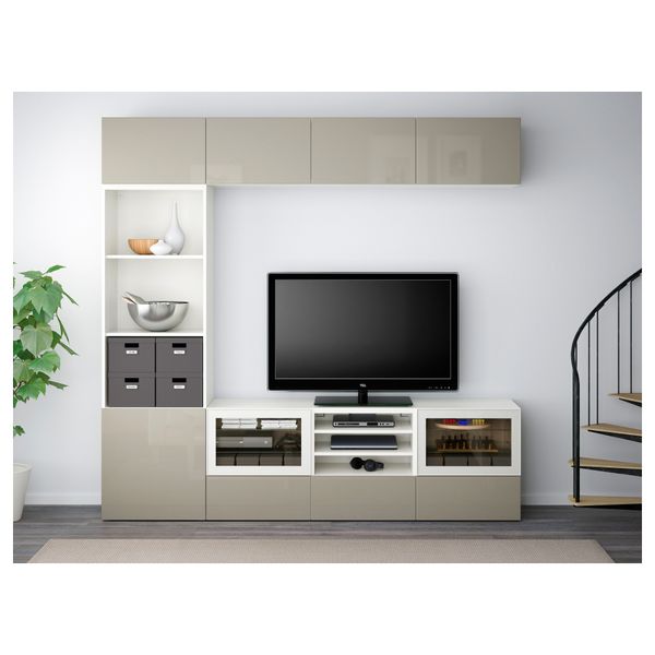 Шкаф для ТВ, комбинированный, стекляные дверцы БЕСТО, белый, Сельсвикен глянцевый/бежевый прозрачное стекло (240x40x230 см) - фото 2