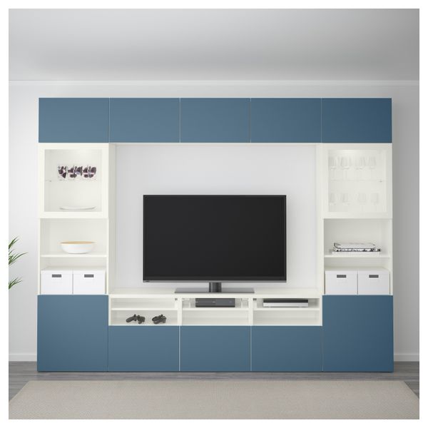 Шкаф для ТВ, комбинированный, стекляные дверцы БЕСТО, белый Вальвикен, темно-синий прозрачное стекло (300x40x230 см) - фото 3