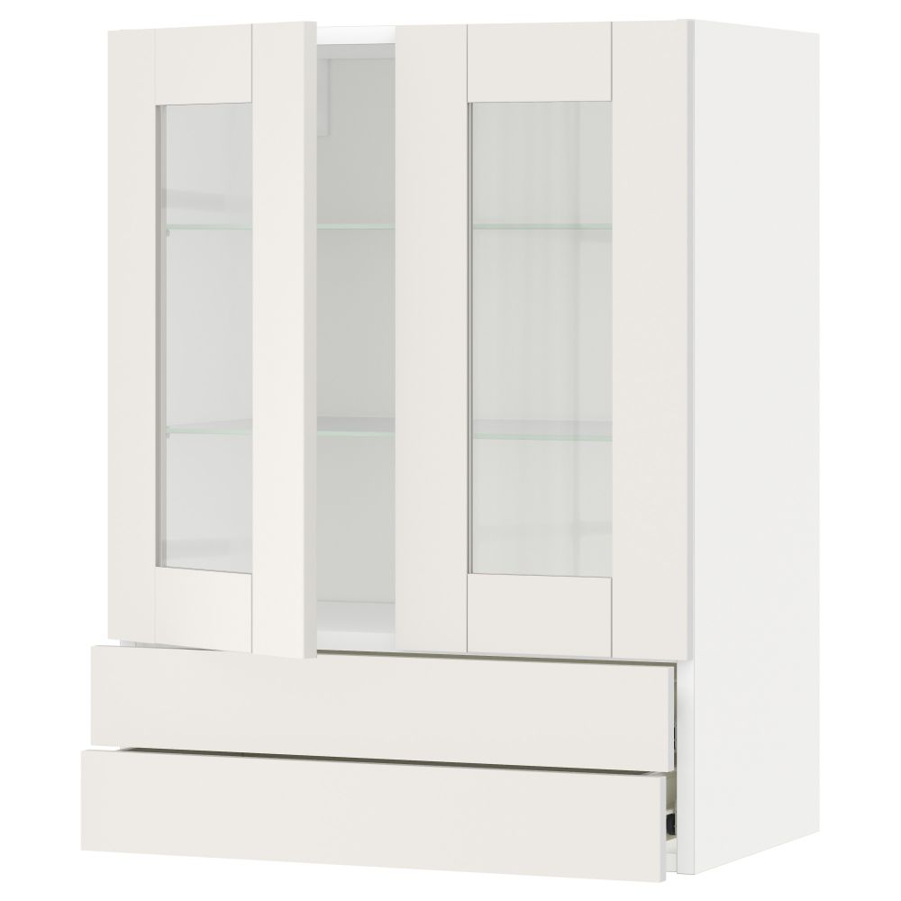 Навесной шкаф, 2 стеклянные дверцы, 2 ящика МЕТОД / ФОРВАРА, белый, Сэведаль белый - схема-чертеж с размерами