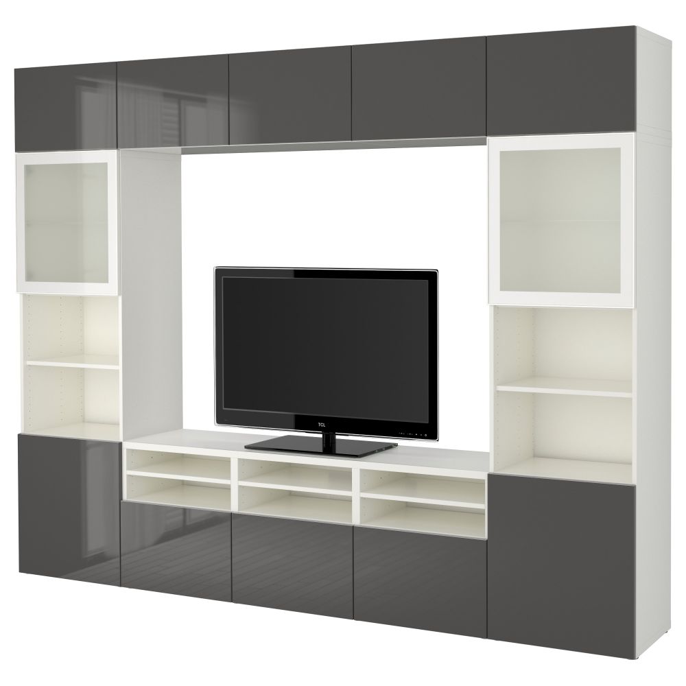 Шкаф для ТВ, комбинированный, стекляные дверцы БЕСТО, белый, Сельсвикен глянцевый/серый матовое стекло (300x40x230 см) - фото 1
