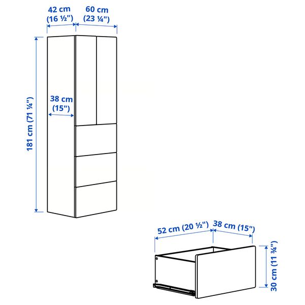 SMÅSTAD / PLATSA Гардероб - белый с рамой/с 3 ящиками 60x42x181 см - схема-чертеж с размерами