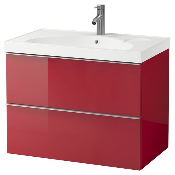 Шкаф для раковины с 2 ящиками ГОДМОРГОН / ЭДЕБОВИКЕН, глянцевый красный (80x49x64 см) - фото 2