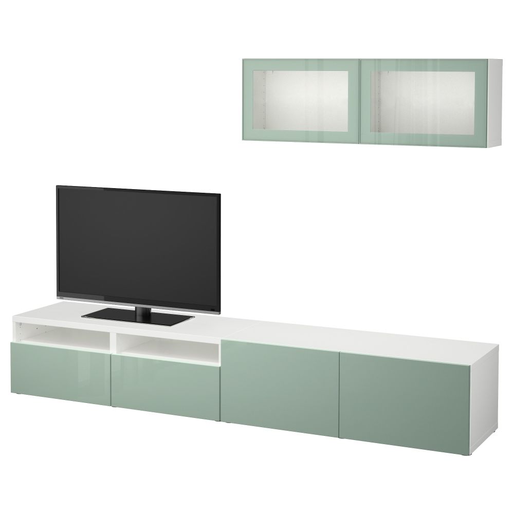 Шкаф для ТВ, комбинированный, стекляные дверцы БЕСТО, белый Сельсвикен, глянцевый/серо-зеленый светлый прозрачное стекло - фото 1