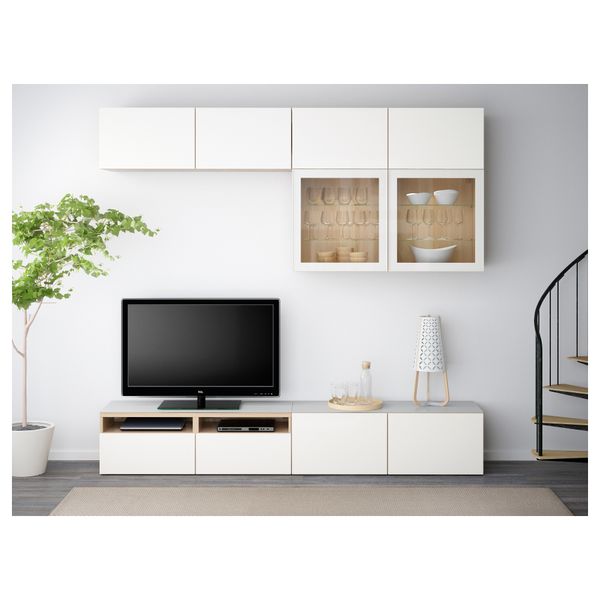 Шкаф для ТВ, комбинированный, стекляные дверцы БЕСТО, под беленый дуб, Сельсвикен глянцевый/белый прозрачное стекло (240x40x230 - фото 2