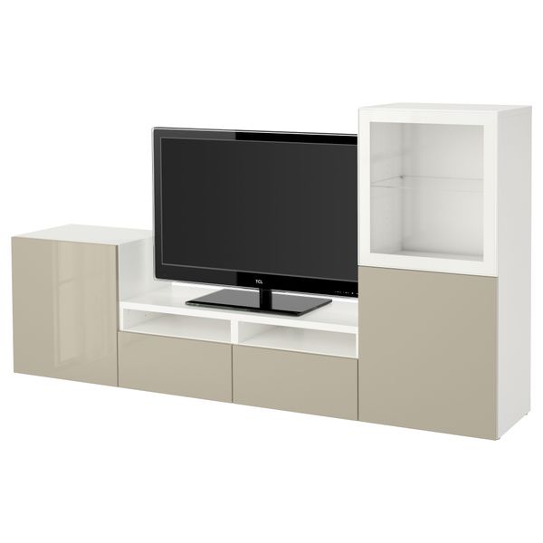 Шкаф для ТВ, комбинированный, стекляные дверцы БЕСТО, белый, Сельсвикен глянцевый/бежевый прозрачное стекло (240x40x128 см) - фото 1