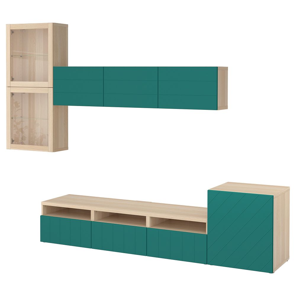 Шкаф для ТВ, комбинированный, стекляные дверцы БЕСТО, под беленый дуб Халлставик, сине-зеленый прозрачное стекло (300x20/40x211 - фото 1