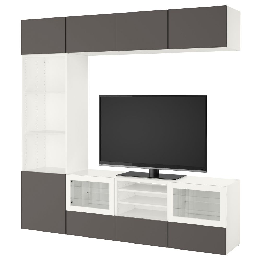 Шкаф для ТВ, комбинированный, стекляные дверцы БЕСТО, белый Грундсвикен, темно-серый прозрачное стекло (240x40x230 см) - фото 1
