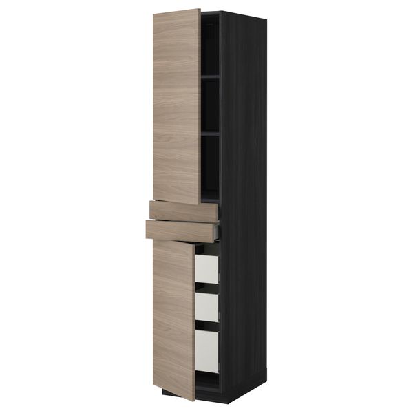 Высокий шкаф + полки, 5 ящиков, 2 дверцы, 2 фронтальных МЕТОД / МАКСИМЕРА, черный, Брокхульт светло-серый - фото 1