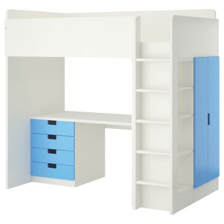 Кровать-чердак, 4 ящика, 2 дверцы СТУВА, белый, синий (207x99x193 см)