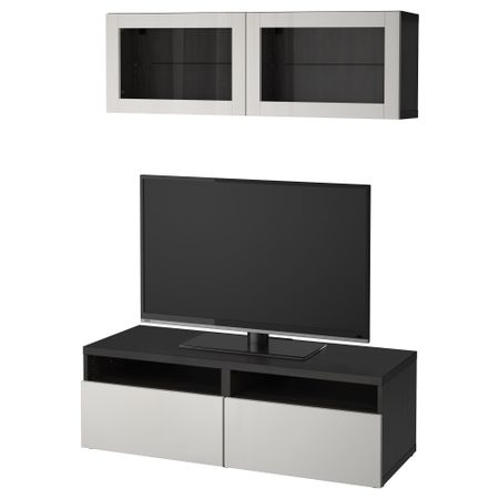 Шкаф для ТВ, комбинированный, стекляные дверцы БЕСТО, черно-коричневый Лаппвикен, светло-серый прозрачное стекло (120x20/40x166