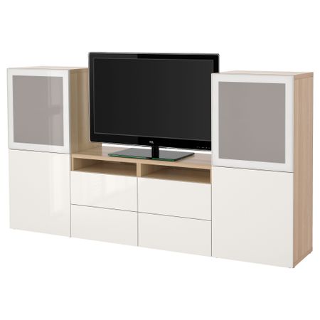 Шкаф для ТВ, комбинированный, стекляные дверцы БЕСТО, под беленый дуб, Сельсвикен глянцевый/белый матовое стекло (240x40x128 см)