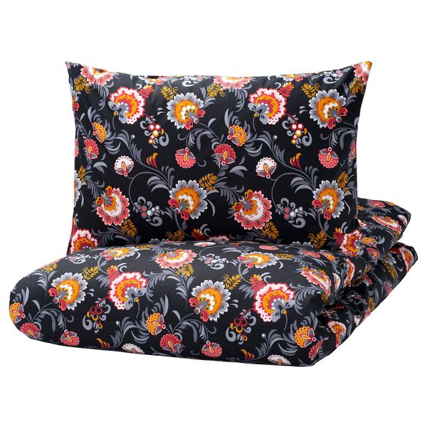 Пододеяльник и 1 наволочка, цветок/черный 150x200/50x70 см IKEA SKÄCKMAL СКЭККМАЛ 505.198.39 - фото 1