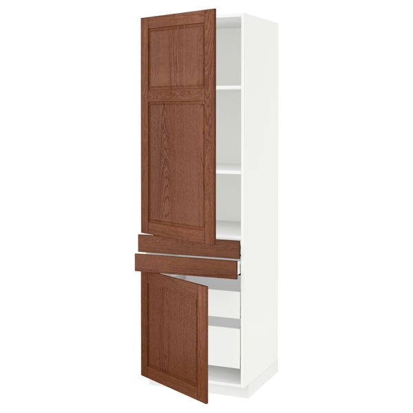 Высокий шкаф + полки, 4 ящик, 2 двери, 2 фронтальные МЕТОД / МАКСИМЕРА, белый, Филипстад коричневый (60x60x200 см) - схема-чертеж с размерами