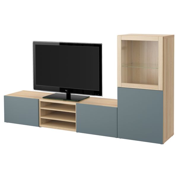 Шкаф для ТВ, комбинированный, стекляные дверцы БЕСТО, под беленый дуб, Вальвикен серо-бирюзовый, прозрачное стекло (240x40x128 - фото 1