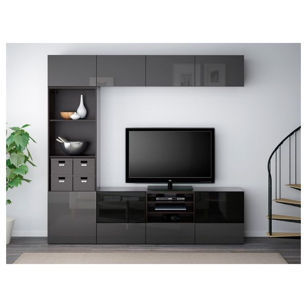 Шкаф для ТВ, комбинированный, стекляные дверцы БЕСТО, черно-коричневый, Сельсвикен глянцевый/серый дымчатое стекло (240x40x230 - фото 2