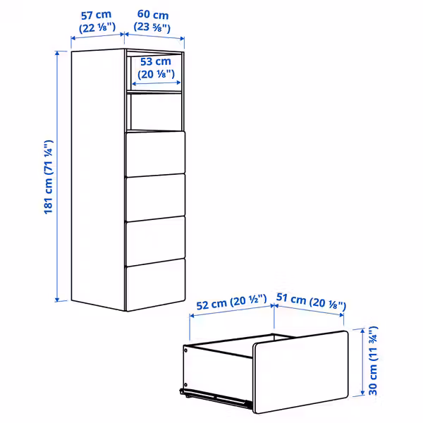 SMÅSTAD / PLATSA Стеллаж - белый с рамой/с 4 ящиками 60x57x181 см - схема-чертеж с размерами