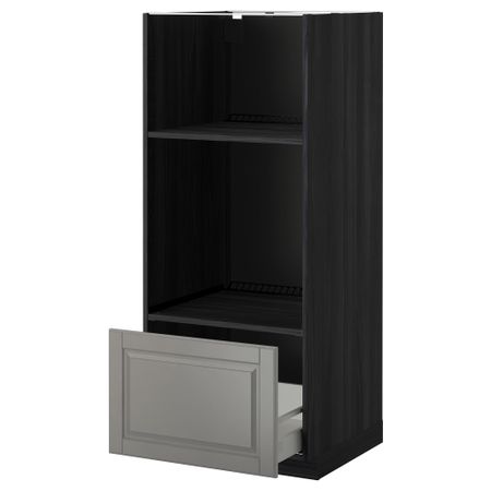 Высокий шкаф с ящиком для духовки/СВЧ МЕТОД / МАКСИМЕРА, черный, Будбин серый (60x60x140 см)