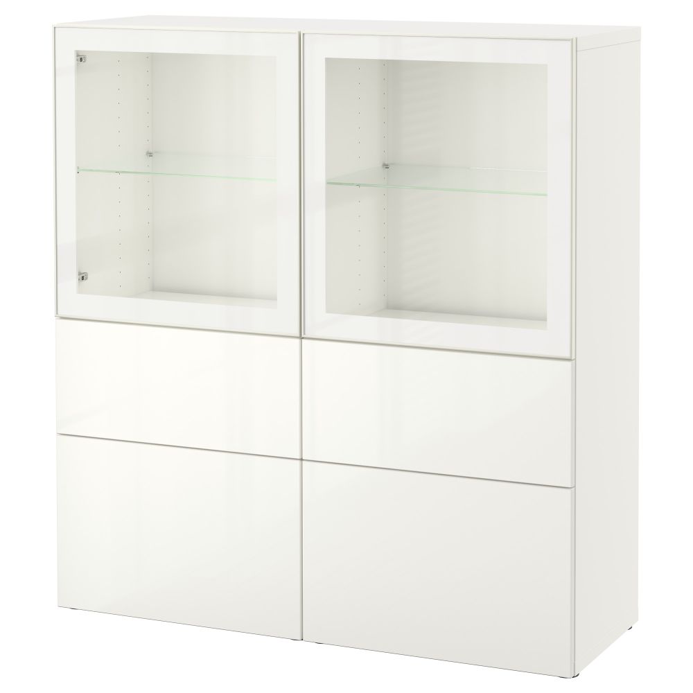 Комбинация для хранения со стеклянными дверцами БЕСТО, белый, Сельсвикен глянцевый/белый прозрачное стекло (120x40x128 см) - фото 1