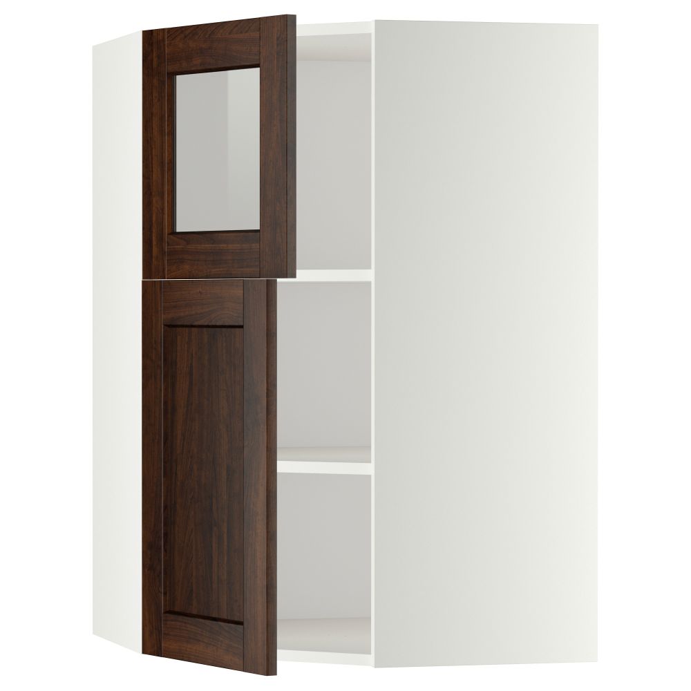 Угловой навесной шкаф + полки, 1 дверца, 1 стеклянные дверцы МЕТОД, белый, Эдсерум коричневый (68x100 см) - схема-чертеж с размерами