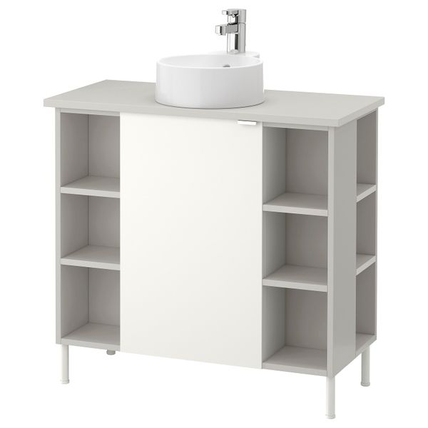 Шкаф под раковину с 1 дверцы, 4 открытыми полк, белый, серый ЭНСЕН смеситель 82x40x87 см IKEA ЛИЛЛОНГЕН/ВИСКАН / ГУТВИКЕН - фото 1
