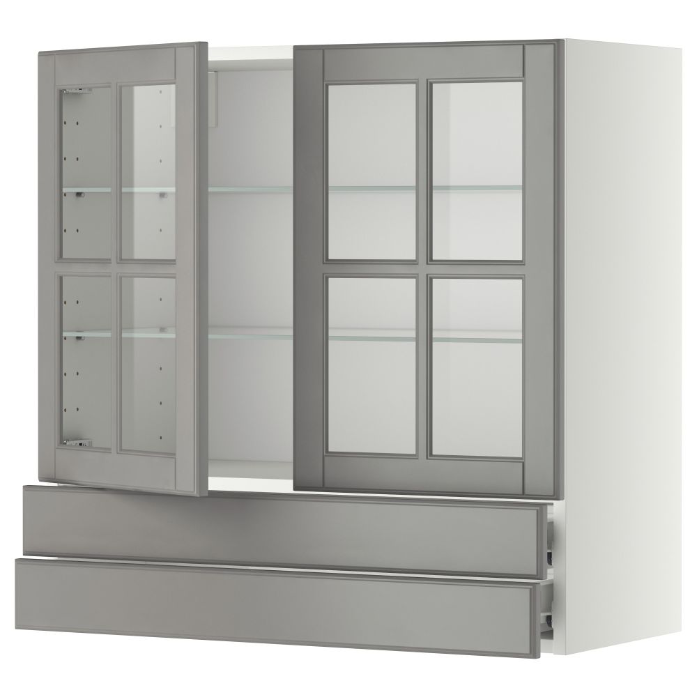 Навесной шкаф, 2 стеклянные дверцы, 2 ящика МЕТОД / ФОРВАРА, белый, Будбин серый - фото 1