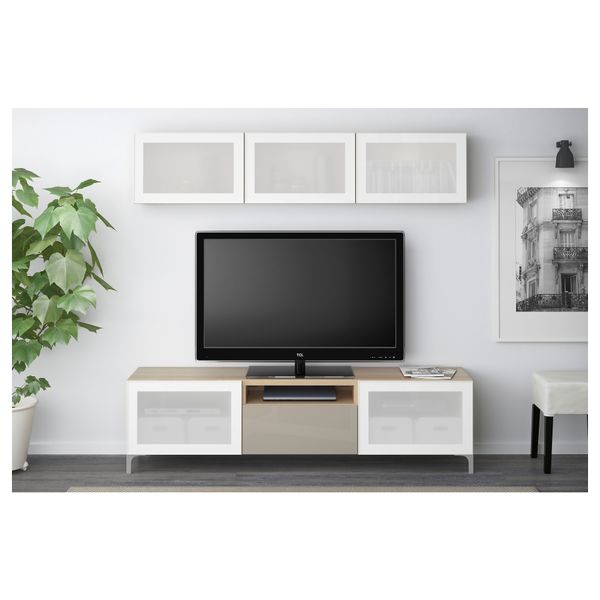 Шкаф для ТВ, комбинированный, стекляные дверцы БЕСТО, под беленый дуб, Сельсвикен глянцевый/бежевый матовое стекло - фото 2