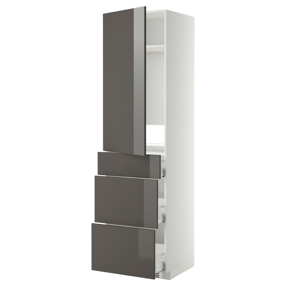 Высокий шкаф для холодильника, с дверцами, 3 ящика МЕТОД / МАКСИМЕРА, белый, Рингульт серый (60x60x220 см) - фото 1