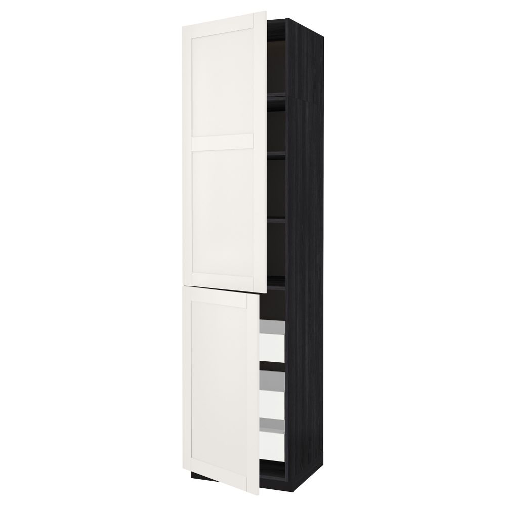 Высокий шкаф + полки, 3 ящика, 2 дверцы МЕТОД / МАКСИМЕРА, черный, Сэведаль белый - схема-чертеж с размерами